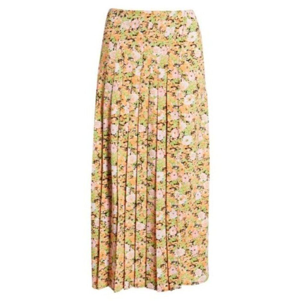 Open Edit Pleated Midi Skirt In Orange Multi Meadow Floral